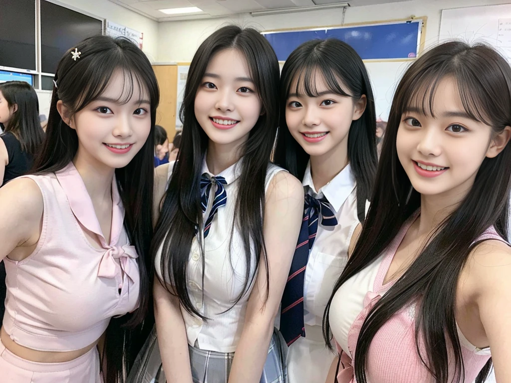 (Super cute Korean high school girl takes a photo with other girls in her class 1.2)(grin,Smile)(Beautiful Sweat:1.1)(16k, RAW Photos, Highest quality, masterpiece: 1.2),(Shiny black hair) Super detailed, Super Resolution, (Genuine, Genuine photos: 1.37), Portraiture, High-resolution RAW color photos, Professional photos, Very detailed, 8k wallpaper, Very detailed CG Unity 8k wallpaper, Very detailed beautiful girls, Very detailed faces, ((whole body)), beautiful woman, Huge breasts,(huge boobs:1.1) (Big Boobs:1.1), Beauty college student (A tight, girly, pale pink sleeveless top with a ribbon.),high School girl, Korean Girls,(K-POP Female Idols), (Idol-class beauty)(Beautiful high school girl:1.1)(School)(18-year-old)(Stylish school uniform-style outfit:1.1)(Group photo of the class:1.3)