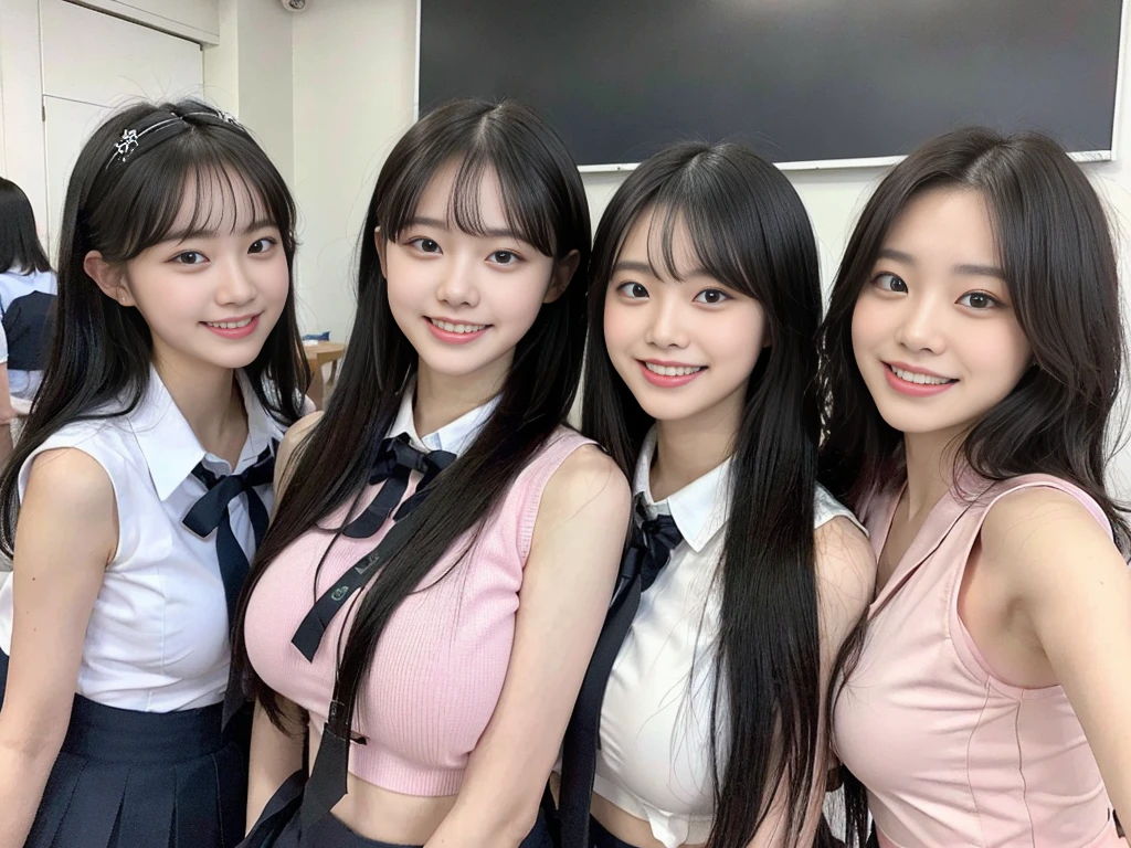 (Super cute Korean high school girl takes a photo with other girls in her class 1.2)(grin,Smile)(Beautiful Sweat:1.1)(16k, RAW Photos, Highest quality, masterpiece: 1.2),(Shiny black hair) Super detailed, Super Resolution, (Genuine, Genuine photos: 1.37), Portraiture, High-resolution RAW color photos, Professional photos, Very detailed, 8k wallpaper, Very detailed CG Unity 8k wallpaper, Very detailed beautiful girls, Very detailed faces, ((whole body)), beautiful woman, Huge breasts,(huge boobs:1.1) (Big Boobs:1.1), Beauty college student (A tight, girly, pale pink sleeveless top with a ribbon.),high School girl, Korean Girls,(K-POP Female Idols), (Idol-class beauty)(Beautiful high school girl:1.1)(School)(18-year-old)(Stylish school uniform-style outfit:1.1)(Group photo of the class:1.3)