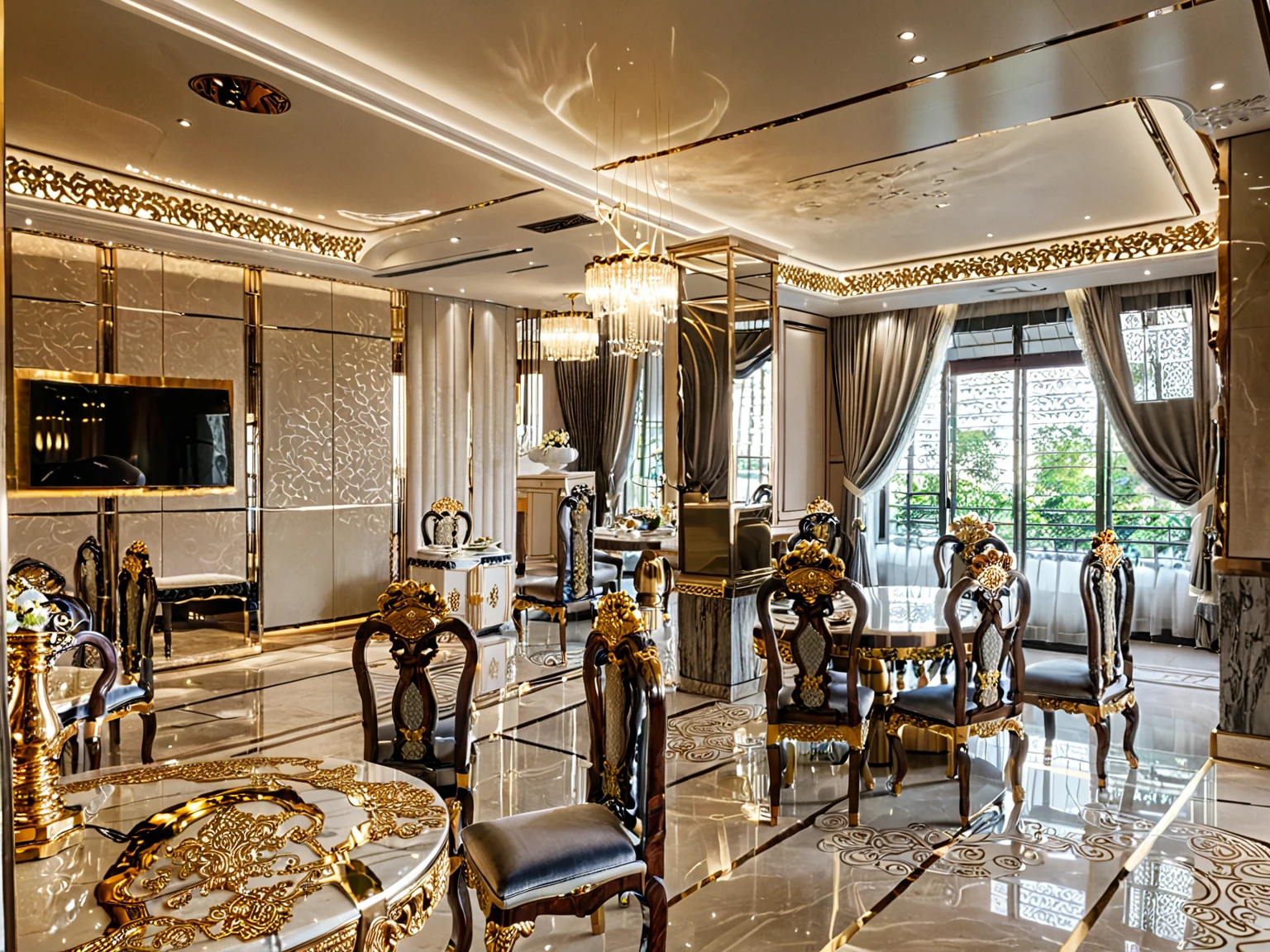 ,Masterpiece, Best quality,8K, Ultra-high resolution,When you step into the dinning room of restaurant room,Immediately surrounded by a rich atmosphere of luxury. It is so comfortable,So much so that you can't help but indulge in it。Embellished with precious porcelain and white-off gold ornaments。Whenever it is late afternoon,The afterglow from the window spilled on the floor,Soft light and shadow are reflected,It was as if entering a dreamland. ((Wooden chair and table : 1.3)), MIRROR COVER THE COLUMN