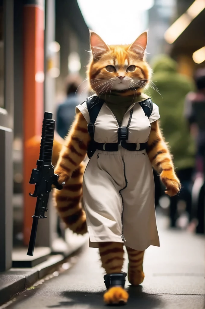 A 21 year old、Strong build、Wearing《Doom》Green Doom Marine armor、Full breasts、Strong female orange cat holding a giant futuristic rifle，Walking on the street