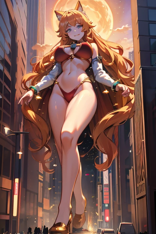 Giant Girl 50,000 feet high,Have a pair of long legs,Have a pair of huge breasts,Wearing a red bikini,Waist length blonde hair,Loose hair,Wear a pair of Mary Janes,Blonde curly hair,full of enjoyment,stand up in a crowded city, vandalism,It seems to be an invincible existence,Beautiful appearance,Exquisite makeup,quality,8K,High quality,(Governor:1.5),Perfect proportion, theater lighting,Film Grain,Fuji Colors,8K,Textured Skin,Super Detail,High Detail,high quality,high resolution,Fake laugh,morning,perfect body,full body image