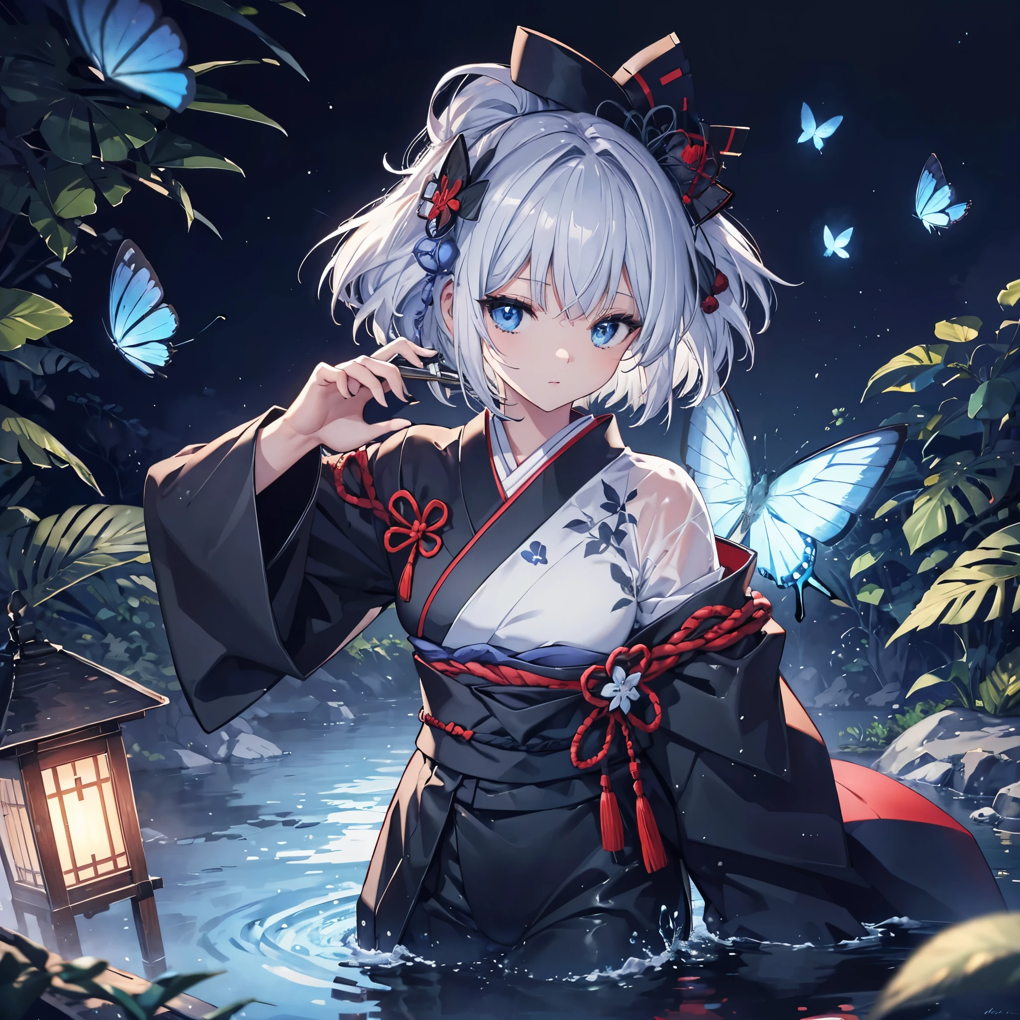(((1 person)))　((High resolution　Gray Hair　short hair　Black kimono　shoulder))　((Black Band　military commander　Lonely　despair　blue eyes))　((Blue Butterfly　night　Japanese style　old　Shining Aura　garden　water surface))　(dance　日本knife　knife　Slashing)　moon　star　Draw your sword　Slashing　Catch the wind　