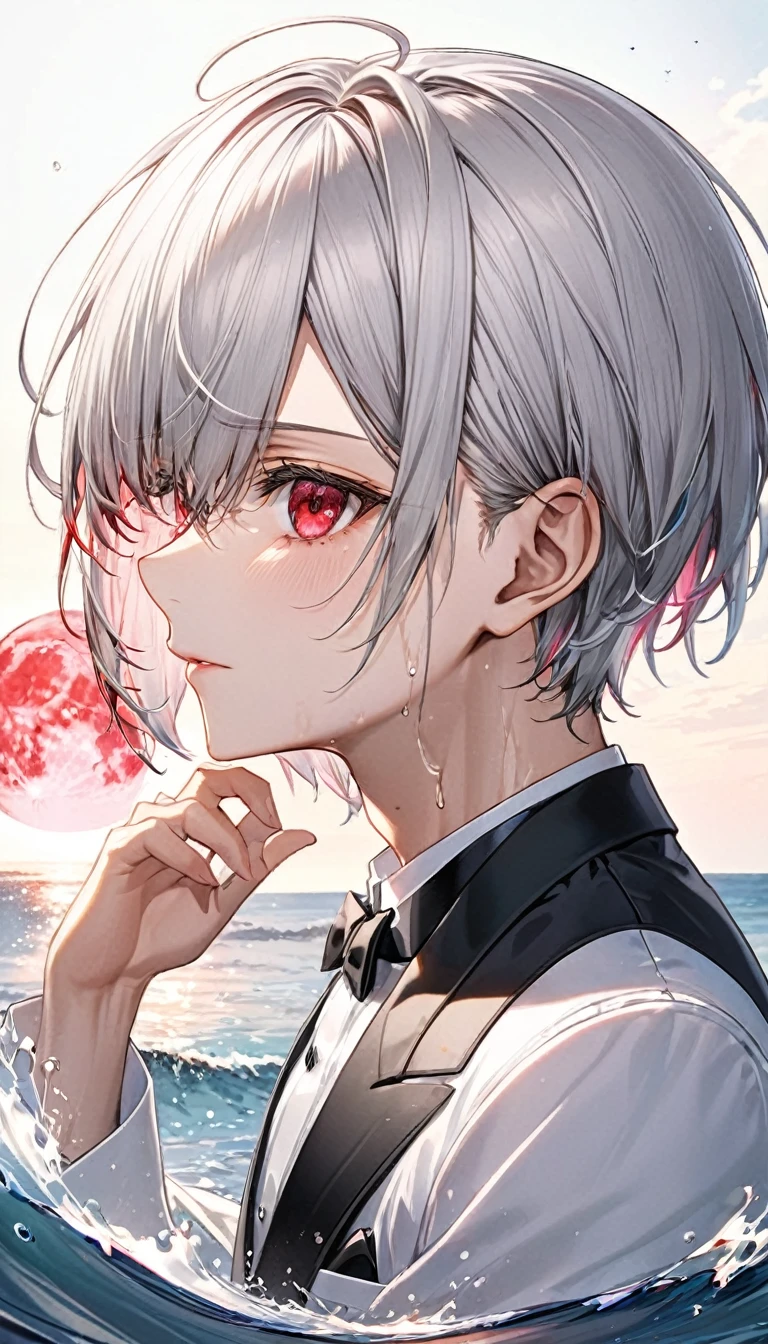 (profile:2), (love style) ((16 yo)), (solo:2 crew cut silver hair very short hair divine cool boy, serious red eyes, sweaty skin), break, (in a butler suit), break, (in the open ocean view beach), (background detailed biggest pink moon), BREAK, perfect anatomy, masterpiece, best quality, 16k, beautiful detailed grow, daydreaming expression.