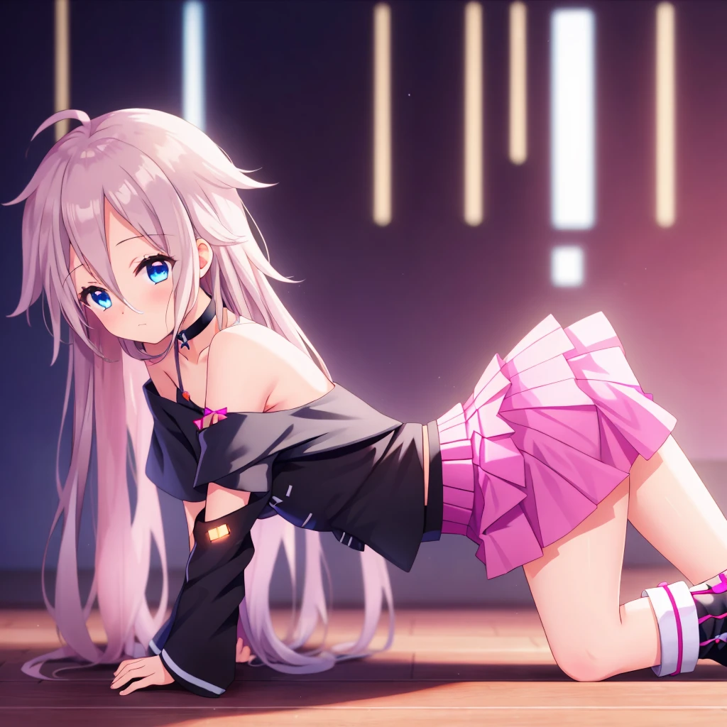 one girl, IA, vocaloid, skirt, black shirt, off shoulder, choker, beautiful, boots, all fours, from side, sex