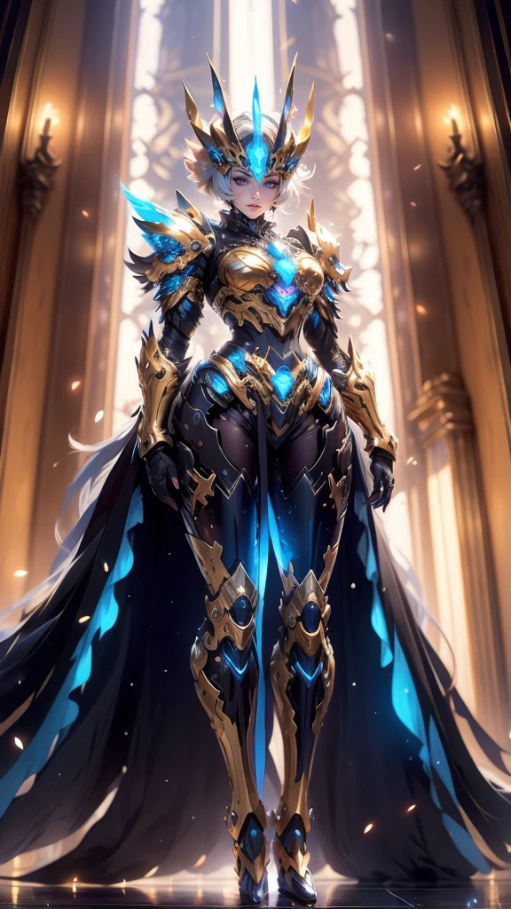 A woman adorned in fantasy-style full-body armor, a crown-concept fully enclosed helmet that unveils only her eyes, a composite layered chest plate, fully encompassing shoulder and hand guards, a lightweight waist armor, form-fitting shin guards, the overall design is heavy-duty yet flexible, (the armor gleams with a golden glow, complemented by red and blue accents), exhibiting a noble aura, she floats above a fantasy-surreal high-tech city, this character embodies a finely crafted fantasy-surreal style armored hero in anime style, exquisite and mature manga art style, (mixture of Queen bee and Spider concept Armor, plasma), ((Element, elegant, goddess, femminine:1.5)), metallic, high definition, best quality, highres, ultra-detailed, ultra-fine painting, extremely delicate, professional, anatomically correct, symmetrical face, extremely detailed eyes and face, high quality eyes, creativity, RAW photo, UHD, 32k, Natural light, cinematic lighting, masterpiece-anatomy-perfect, masterpiece:1.5