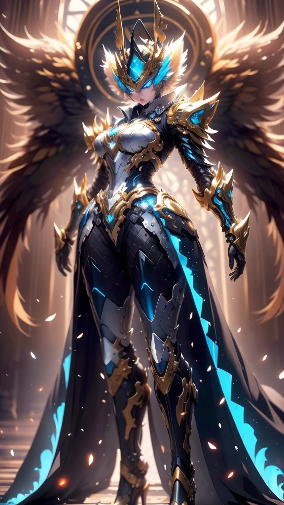 A woman adorned in fantasy-style full-body armor, a crown-concept fully enclosed helmet that unveils only her eyes, a composite layered chest plate, fully encompassing shoulder and hand guards, a lightweight waist armor, form-fitting shin guards, the overall design is heavy-duty yet flexible, (the armor gleams with a golden glow, complemented by red and blue accents), exhibiting a noble aura, she floats above a fantasy-surreal high-tech city, this character embodies a finely crafted fantasy-surreal style armored hero in anime style, exquisite and mature manga art style, (mixture of Queen bee and Spider concept Armor, plasma), ((Element, elegant, goddess, femminine:1.5)), metallic, high definition, best quality, highres, ultra-detailed, ultra-fine painting, extremely delicate, professional, anatomically correct, symmetrical face, extremely detailed eyes and face, high quality eyes, creativity, RAW photo, UHD, 32k, Natural light, cinematic lighting, masterpiece-anatomy-perfect, masterpiece:1.5