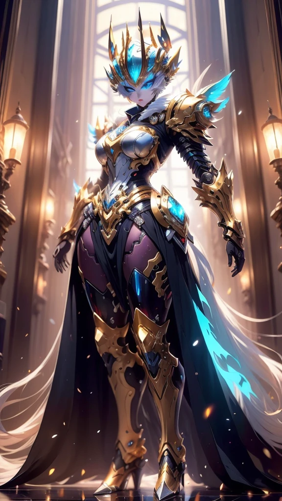 A woman adorned in fantasy-style full-body armor, a crown-concept fully enclosed helmet that unveils only her eyes, a composite layered chest plate, fully encompassing shoulder and hand guards, a lightweight waist armor, form-fitting shin guards, the overall design is heavy-duty yet flexible, (the armor gleams with a golden glow, complemented by red and blue accents), exhibiting a noble aura, she floats above a fantasy-surreal high-tech city, this character embodies a finely crafted fantasy-surreal style armored hero in anime style, exquisite and mature manga art style, (mixture of Queen bee and Spider concept Armor, plasma), ((Element, elegant, goddess, femminine:1.5)), metallic, high definition, best quality, highres, ultra-detailed, ultra-fine painting, extremely delicate, professional, anatomically correct, symmetrical face, extremely detailed eyes and face, high quality eyes, creativity, RAW photo, UHD, 32k, Natural light, cinematic lighting, masterpiece-anatomy-perfect, masterpiece:1.5