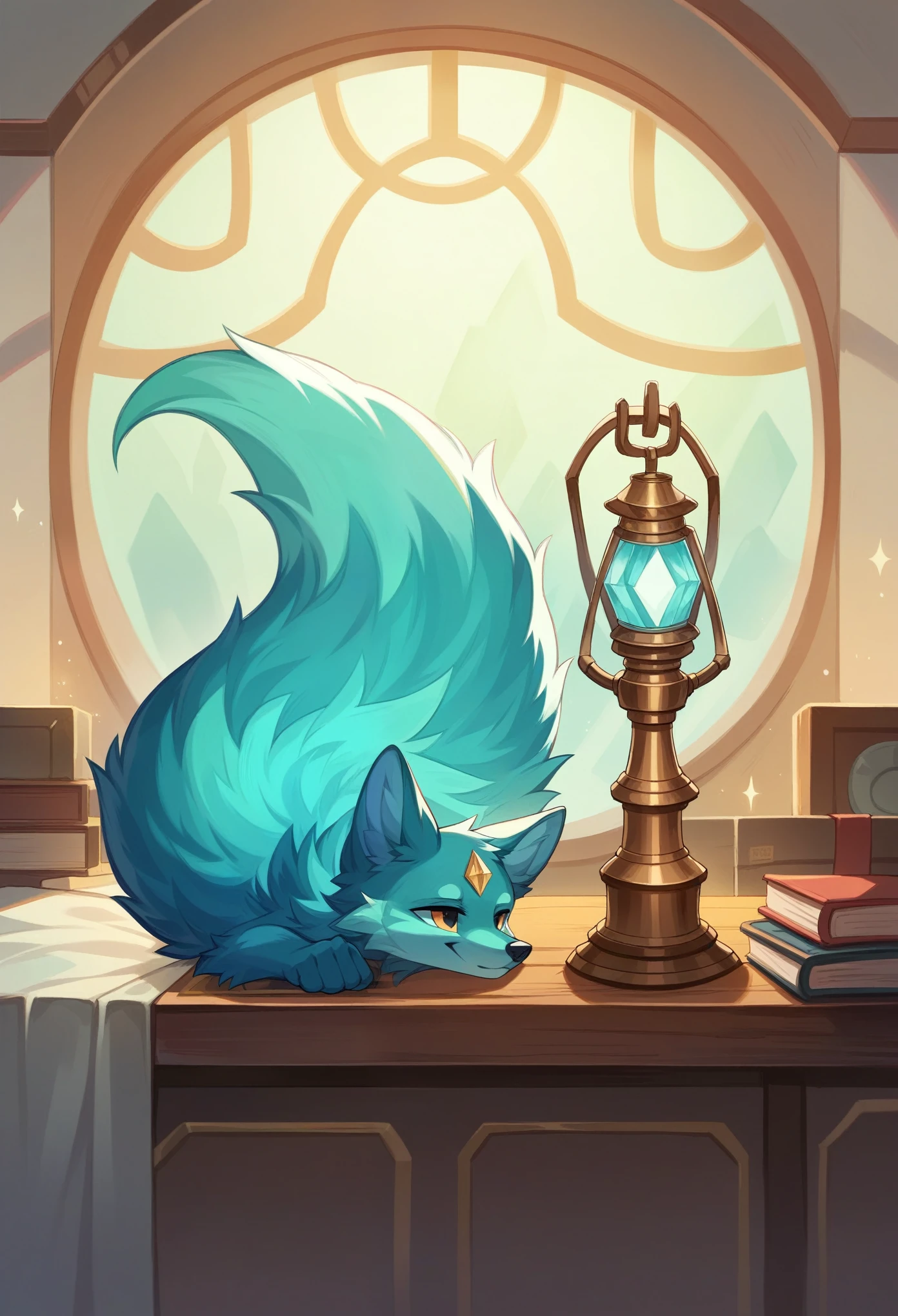 This lamp is made of transparent crystal material that has blue and purple sparkles, showing its magical properties. It resembles an antique lantern with intricate ornaments surrounding the body. Inside, there is a gently pulsating light, as if it has a life of its own. This light changes color from soft blue to brilliant gold when activated, reflecting the soul and life energy of its owner. The lamp handle is made of pure gold with a carved nine-tailed fox.