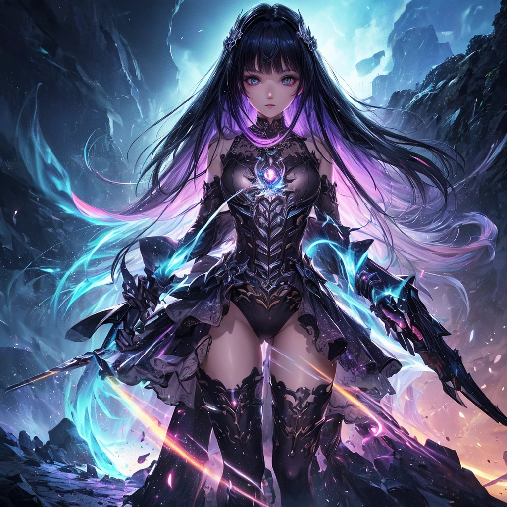 best quality, masterpiece, hyper detailed, , necromancer, hime cut, shiny hair, concept art, bold, full body shot, cowboy shot, dynamic angle, depth of field, rainbow gradient