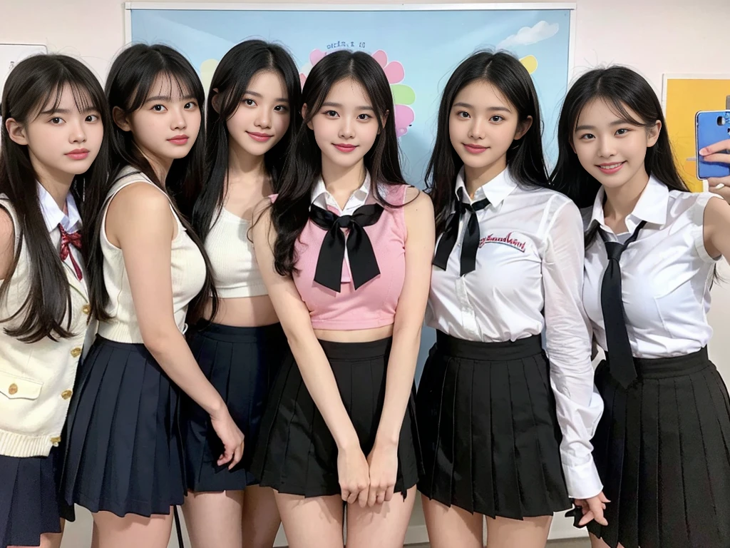 (Super cute Korean high school girl takes a photo with other girls in her class 1.2)(grin,Smile)(Beautiful Sweat:1.1)(16k, RAW Photos, Highest quality, masterpiece: 1.2),(Shiny black hair) Super detailed, Super Resolution, (Genuine, Genuine photos: 1.37), Portraiture, High-resolution RAW color photos, Professional photos, Very detailed, 8k wallpaper, Very detailed CG Unity 8k wallpaper, Very detailed beautiful girls, Very detailed faces, ((whole body)), beautiful woman, Huge breasts,(huge boobs:1.1) (Big Boobs:1.1), Beauty college student (A tight, girly, pale pink sleeveless top with a ribbon.),high School girl, Korean Girls,(K-POP Female Idols), (Idol-class beauty)(Beautiful high school girl:1.1)(School)(18-year-old)(Stylish school uniform-style outfit:1.1)(Group photo of the class:1.3)