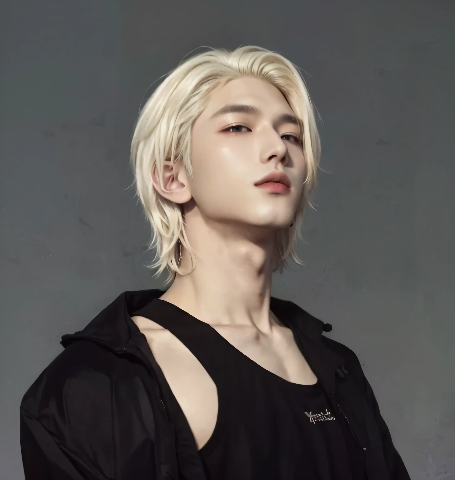 a man with blonde hair and a black top posing for a picture, cai xukun, portrait of jossi of blackpink, taejune kim, heonhwa choe, short platinum hair boy, portrait of kpop idol, hyung tae, male with short white hair, hong june hyung, white haired, steven jung, androgynous person, portrait of male korean idol