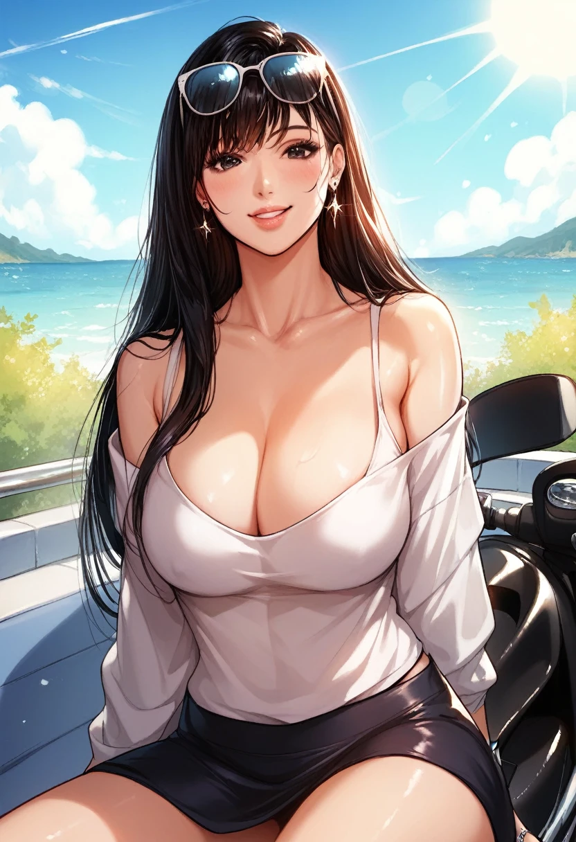 Hot sexy beautiful milf mom sitting on motorbike near beautiful sea on bridge, cleavage,off shoulder oversized shirt, stocking,skirt,slender body, detailed lips ring ring,black blunt hair,black eyes,white sun glasses on head, detailed ear, cuff earrings , alluring face, smiling,