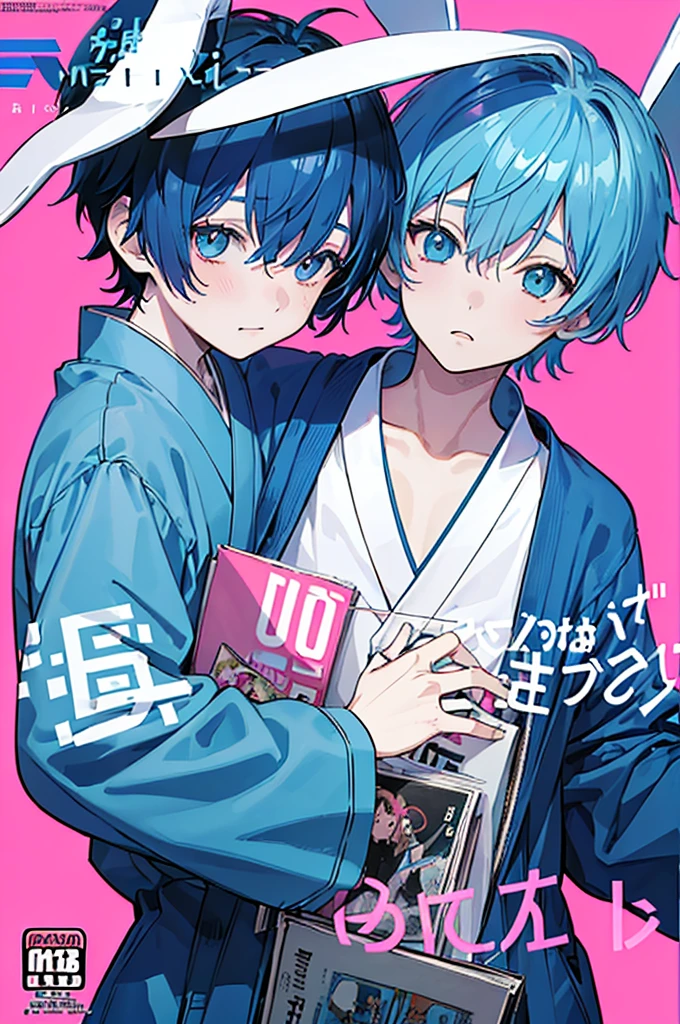 (1boy), blue hair, rabbit ears, playboy bunny, bangs, detached collar, simple background, (Boy Messy Japanese Round Haircut for Thick Hair), (blue hair), ((solo)), (magazine:1.3), (cover-style:1.3), fashionable, (Pink Background), bright colors , ((masterpiece, best quality, ultra-detailed))