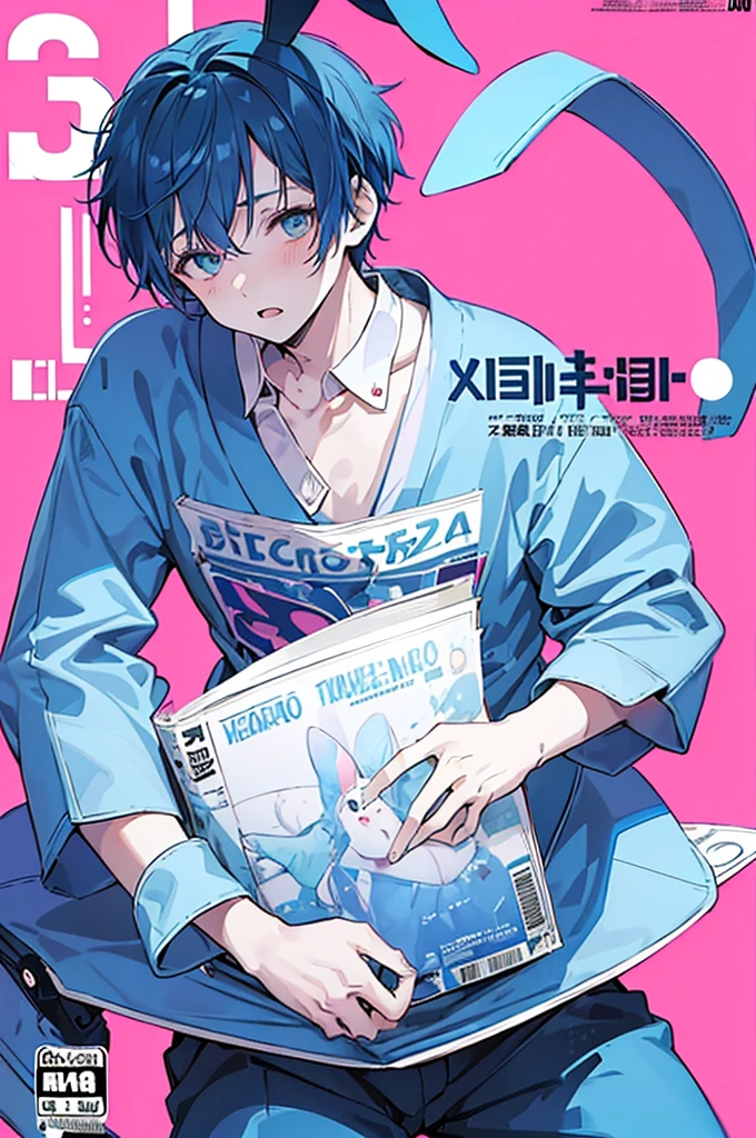 (1boy), blue hair, rabbit ears, playboy bunny, bangs, detached collar, simple background, (Boy Messy Japanese Round Haircut for Thick Hair), (blue hair), ((solo)), (magazine:1.3), (cover-style:1.3), fashionable, (Pink Background), bright colors , ((masterpiece, best quality, ultra-detailed))