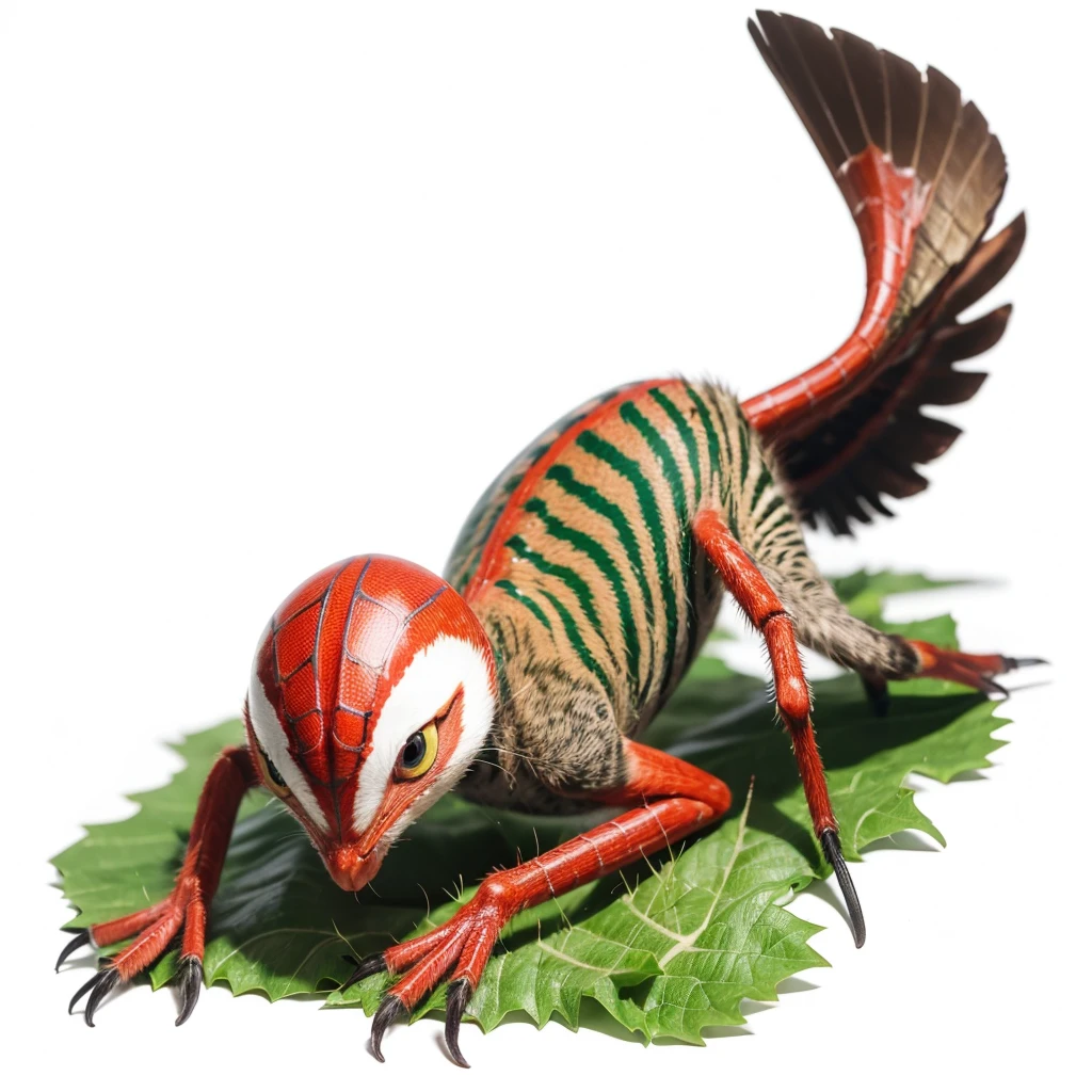 Small Animaly, has green stripes on his skin, reds eyes, seagull mixed with spider, Grassroots, no background