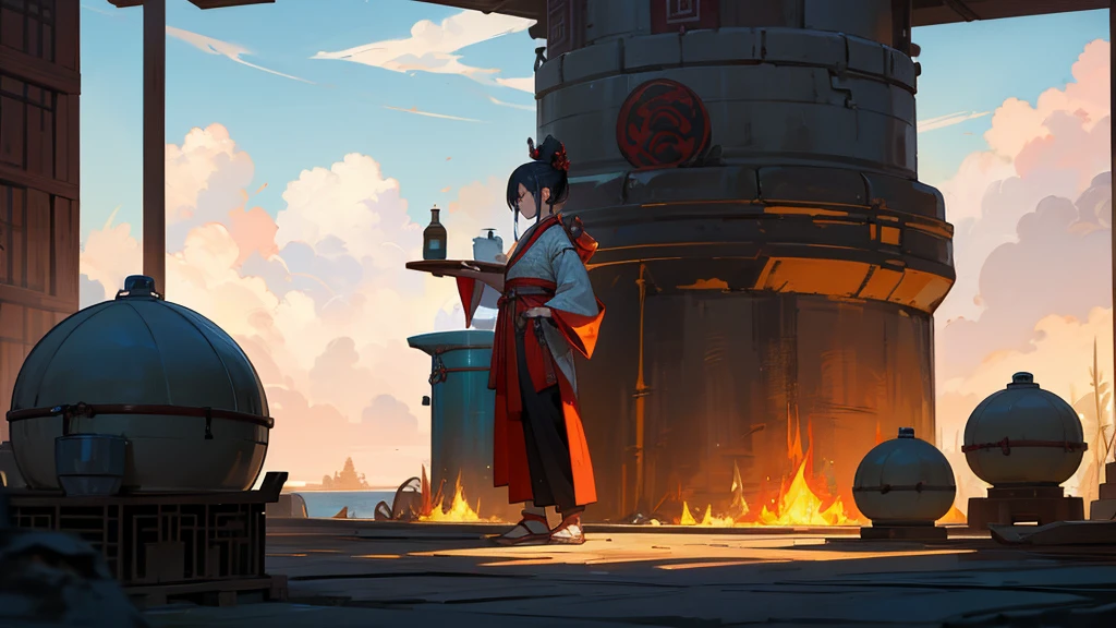 An ancient Chinese immortal is holding a pill and standing beside a furnace in the clouds, refining elixirs.