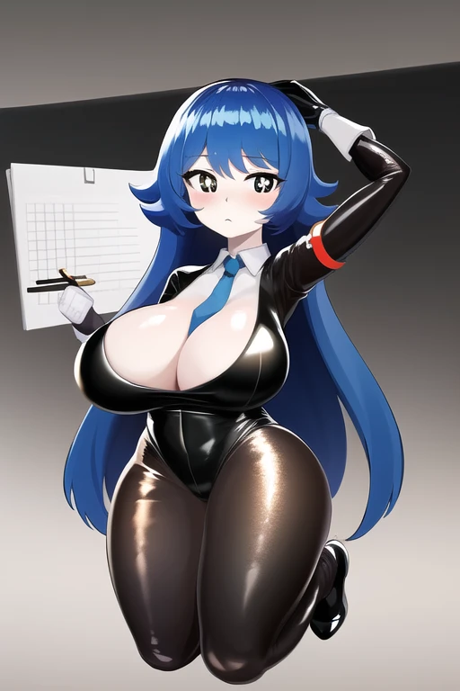(best quality:1.1),(masterpiece:1.4),(absurdres:1.0), 1girl, blue hair, long hair, black eyes, unusual pupils, black latex bodysuit, nonvisible cleavage, necktie, full body view, big breasts, huge ass, facility, pure white skin, :< face, bright eyes, (chibi:1.3), holding clipboard and pen