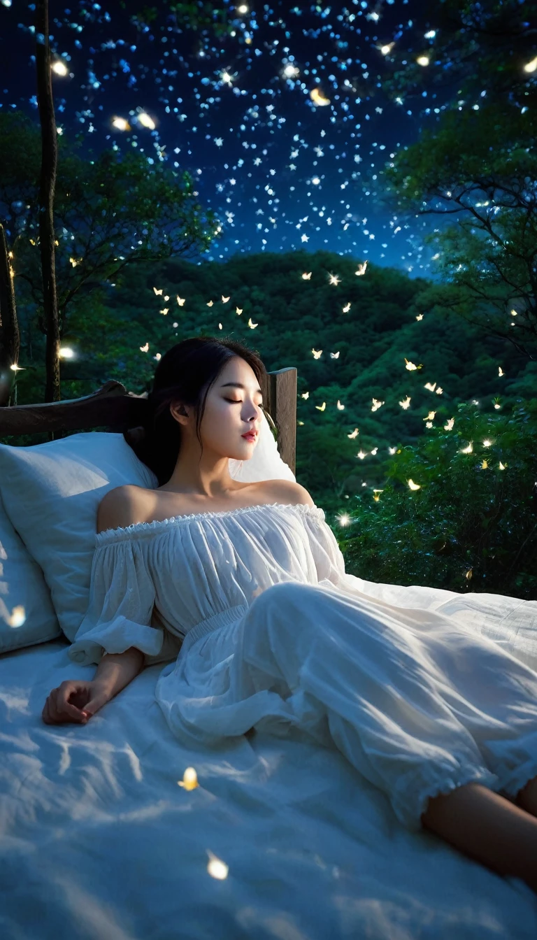 In the dense forest、背の高い暗いwood々A quiet night scene where the trees form a natural canopy。In the foreground、A young woman with long dark hair is sleeping peacefully on a white mattress、The mattress blends in with the forest floor。She is wearing a loose white off-the-shoulder blouse and black pants.、Sleeping on your side with your hands clasped gently next to your face。The scene is illuminated by the soft and mysterious light of countless fireflies and butterflies floating around her.、It casts a magical light on the environment.。wood々The dark blue sky with scattered stars visible through the canopy of the、It enhances the fantastic atmosphere.。The overall mood is tranquil and dreamy.。