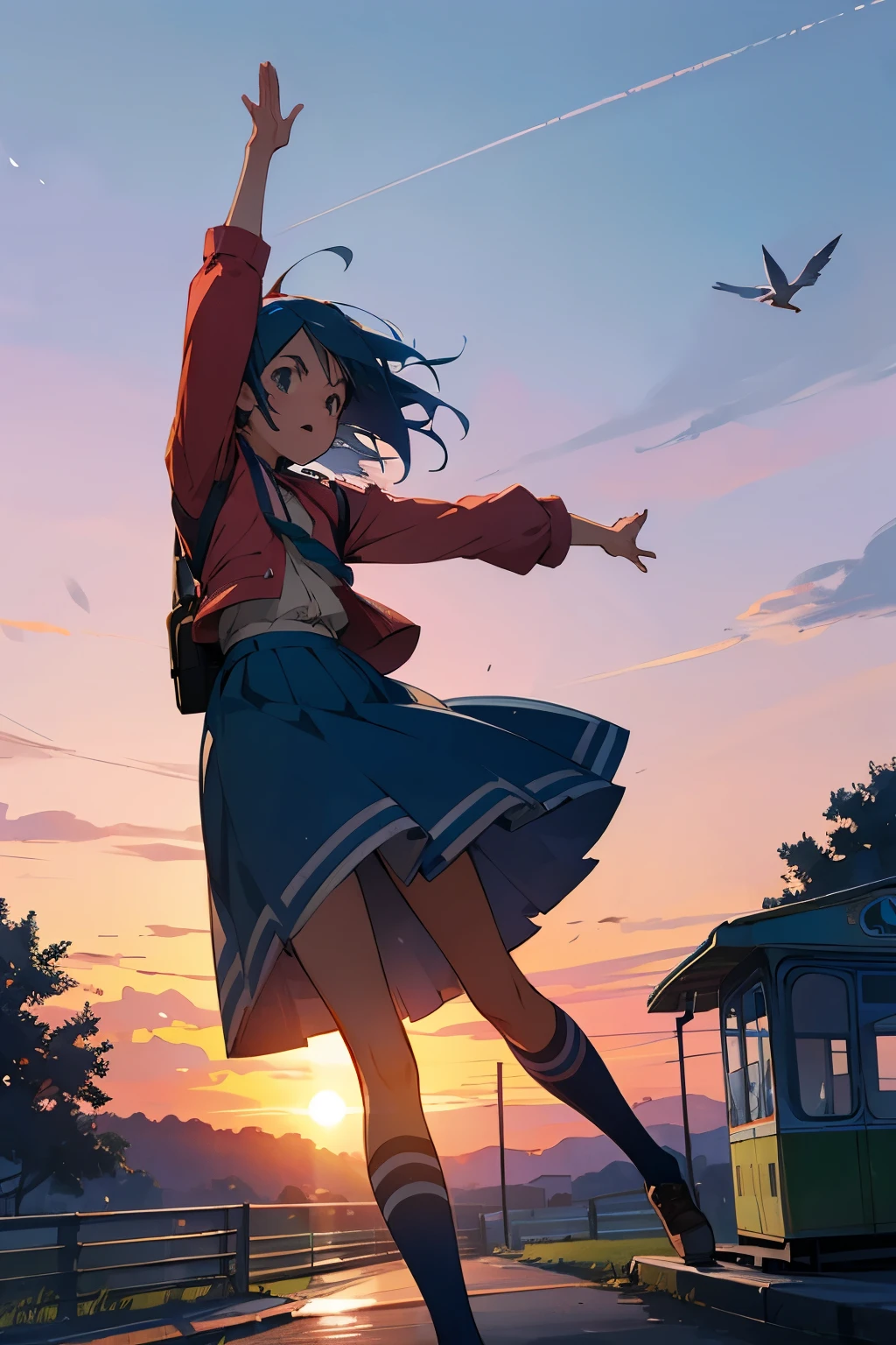 Blue Hair Girl, Bus stop in the countryside, Flapping his arms, trying to fly, Two arms, Sunset sky