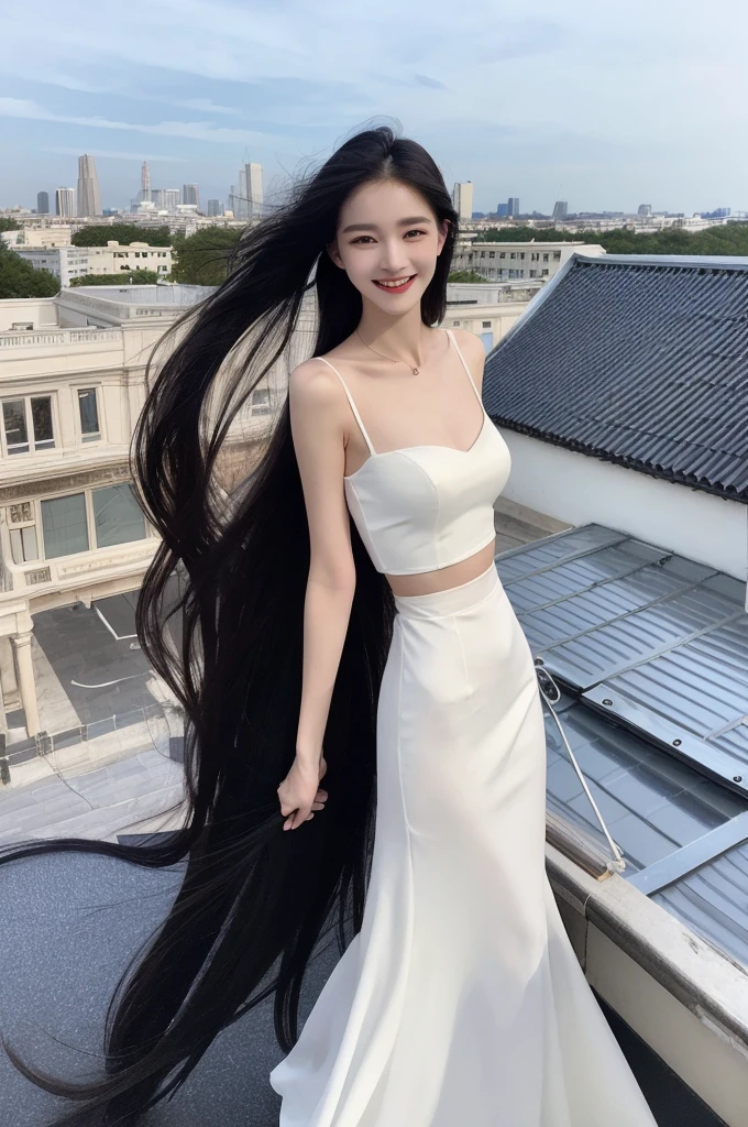 22-year-old girl, with gray eyes, pale white skin, slim figure, smiling, black hair, fashionable, photo taken with an ultra-realistic professional camera, she is on the roof of a luxurious building
