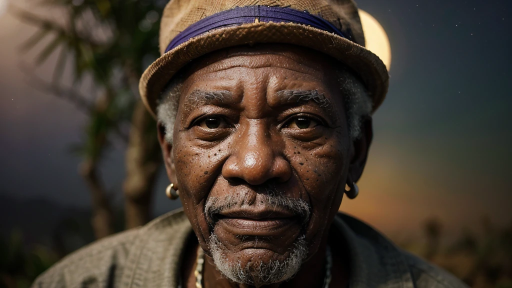 close up photo, close up photo an elderly, african sage under a full moon, his face highlighted with translucent rainbow hues, telling stories of the past and future, intertwining fate with diversity, close up photo, morgan freeman face, ultra high definition, super detail, fierce, aggressive, authoritative aura