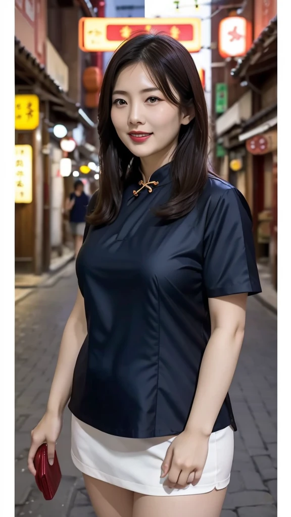 Japanese women、One person、Living in 昔のChinatown、Slightly chubby、Chinese style hair、Laughing with your mouth open、Red lipstick、Short sleeve blue cheongsam、Sexy pose、Very short、Old town、Chinatown at night、The lighting is bright、
