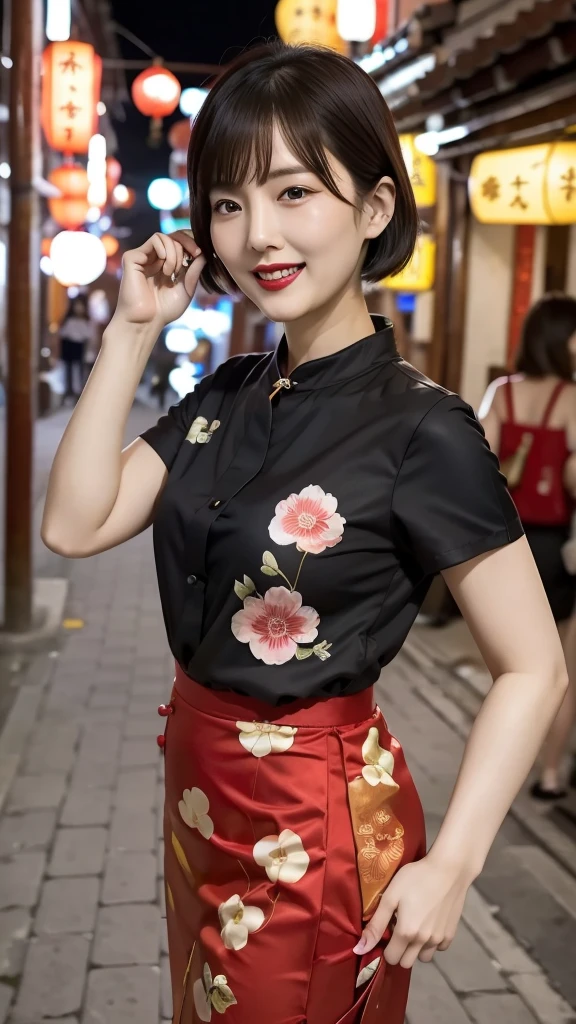 Japanese women、One person、Living in 昔のChinatown、Slightly chubby、Chinese style hair、Laughing with your mouth open、Red lipstick、Short sleeve blue cheongsam、Sexy pose、Very short、Old town、Chinatown at night、The lighting is bright、
