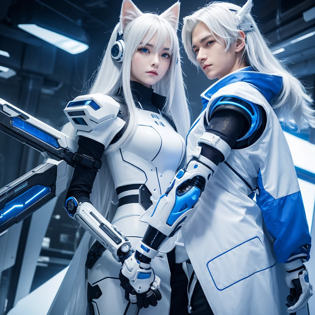 masterpiece,Boy and girl with long hair,Cat ear,White Hair,Blue functional and futuristic coat,The boy is holding a futuristic sword,cyber punk,Cyborg arms,Mechanical arm(Elbow joint is hydraulic piston)