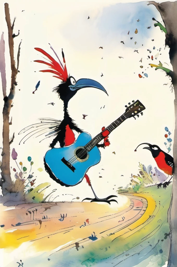 Quentin Blake-esque - A very proud man in Quentin Blake style plays guitar、The woodpecker beats out a rhythm、Full color illustrations