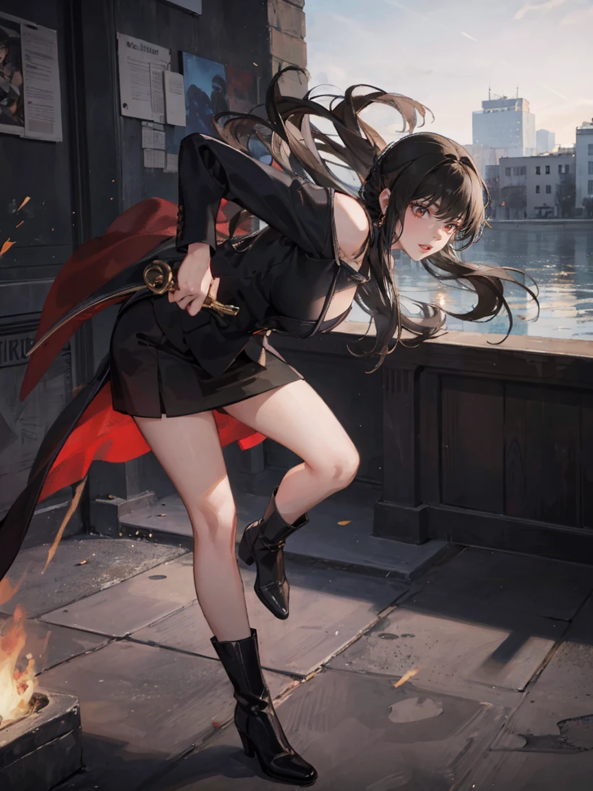 Action pose, Battle Scenes:1.5, (Yor Forger), Red eyes, Black Skirt, red off shoulder sweater, (Big Breasts), morning, ((Fighting a brown-haired man in a suit)), morningのエーゲ海の町並み, Wearing boots, Angry expression,:1.5 Attack Speed, Fast Attack, Angry expression, Angry face
