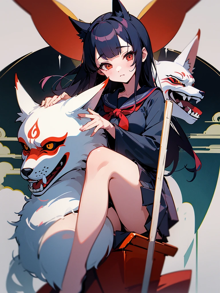 Two girls. One is wearing a Japanese-style fox mask. The other is wearing a Japanese-style demon mask. One is wearing a sailor uniform. A slightly horror-like illustration. A teasing composition. Illustration from the knees up.