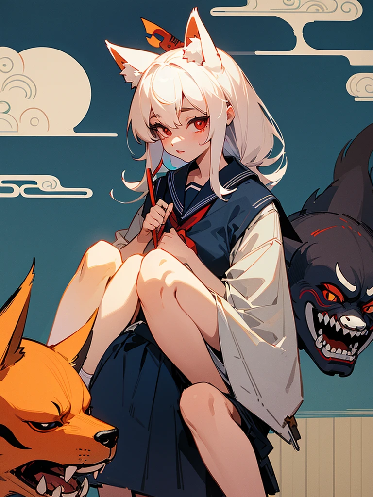 Two girls. One is wearing a Japanese-style fox mask. The other is wearing a Japanese-style demon mask. One is wearing a sailor uniform. A slightly horror-like illustration. A teasing composition. Illustration from the knees up.