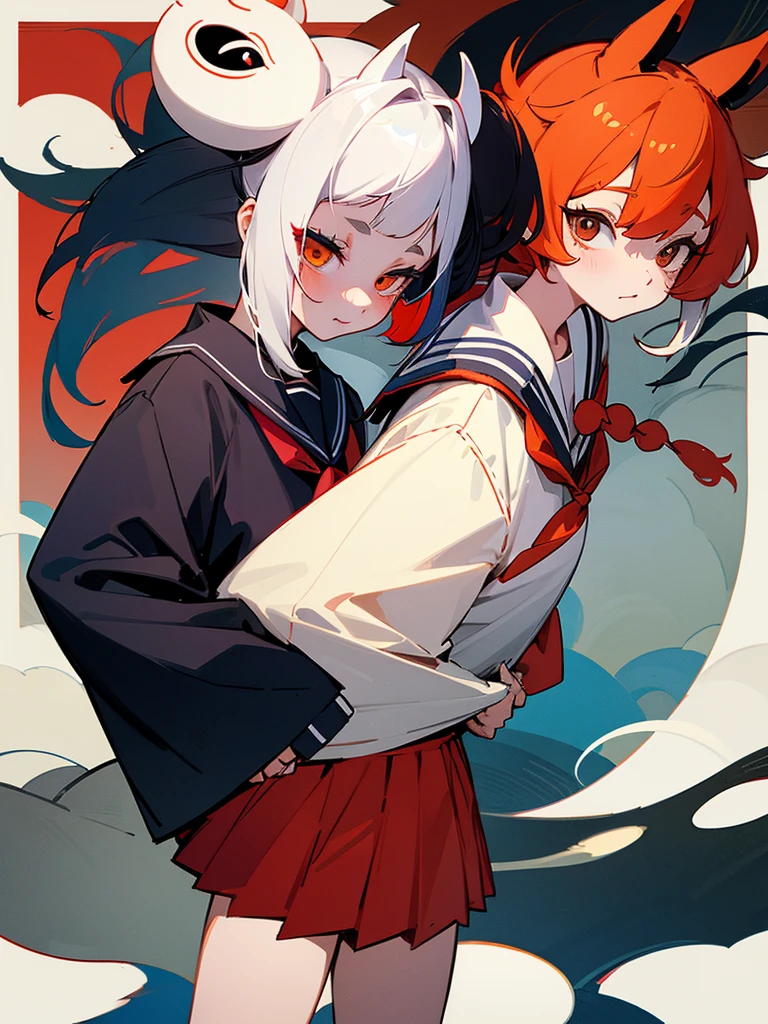 Two girls. One is wearing a Japanese-style fox mask. The other is wearing a Japanese-style demon mask. One is wearing a sailor uniform. A slightly horror-like illustration. A teasing composition. Illustration from the knees up.
