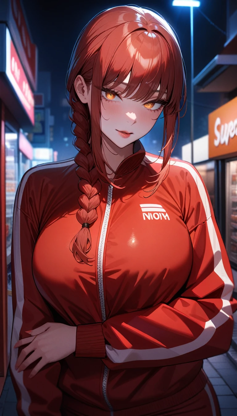 1girl,solo,makima \(chainsaw man\), chainsaw man,super detailed skin,shiny skin,seductive look ,eyelashes,lips gloss,red hair,sidelocks,a braid, large breasts,tracksuit ,off-street,night,convenience store,masterpiece,best quality,ultra detailed,high resolution,sharp focus