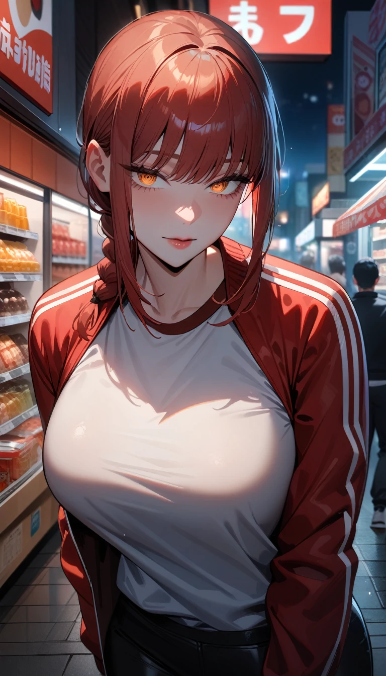 1girl,solo,makima \(chainsaw man\), chainsaw man,super detailed skin,shiny skin,seductive look ,eyelashes,lips gloss,red hair,sidelocks,a braid, large breasts,tracksuit ,off-street,night,convenience store,masterpiece,best quality,ultra detailed,high resolution,sharp focus