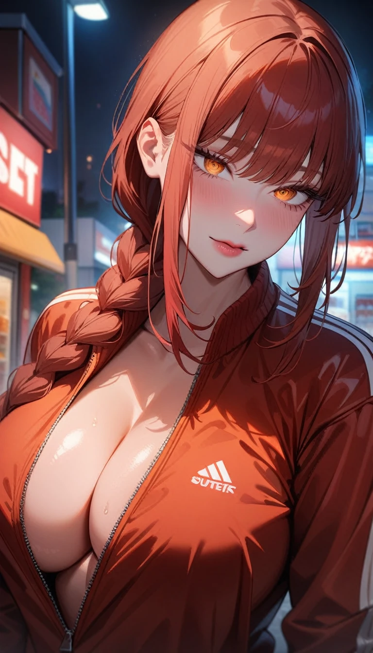 1girl,solo,makima \(chainsaw man\), chainsaw man,super detailed skin,shiny skin,seductive look ,eyelashes,lips gloss,red hair,sidelocks,a braid, large breasts,tracksuit ,off-street,night,convenience store,masterpiece,best quality,ultra detailed,high resolution,sharp focus