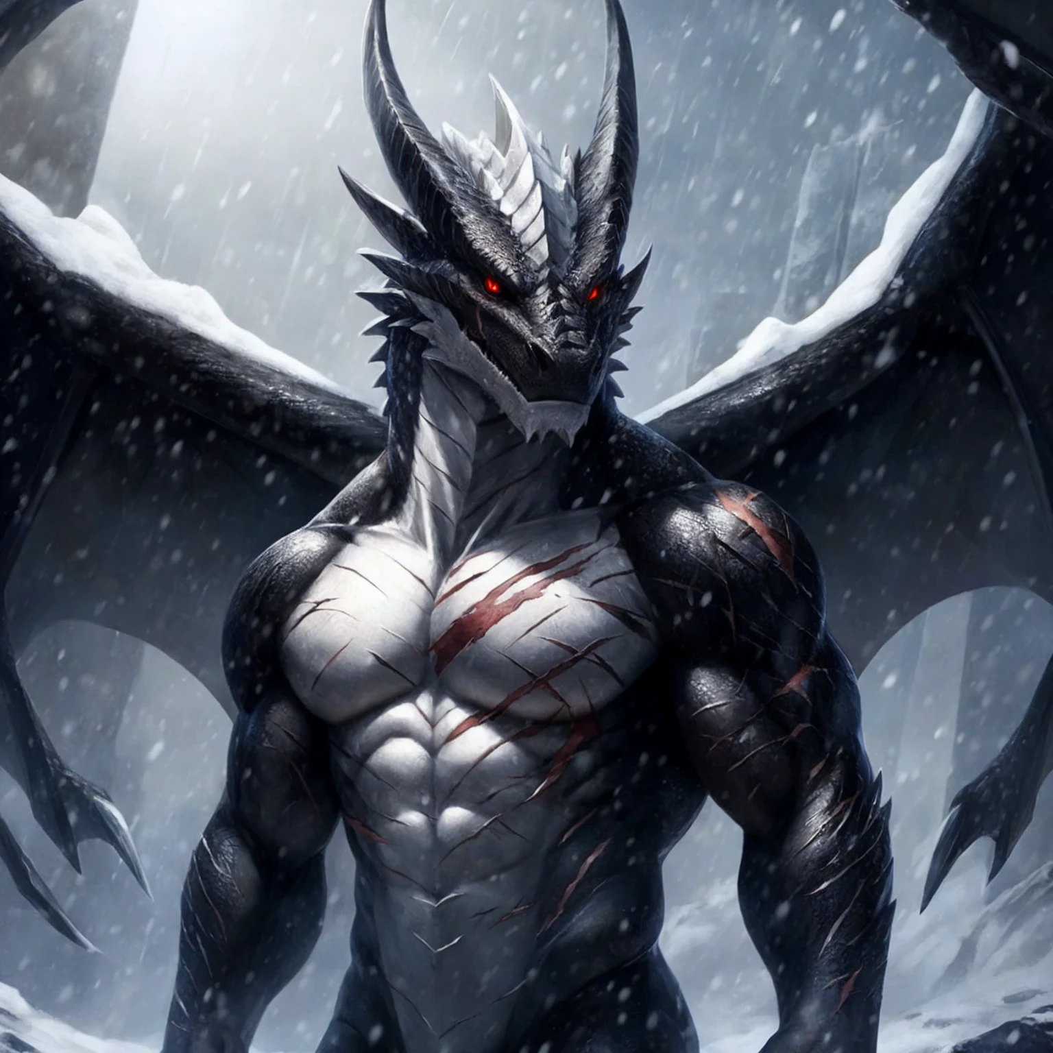 Tall and muscular furry dragon, bright black scales, shimmers in the light, white belly, wings, the whole body is covered in scars, red eyes, looks at the viewer, Claw scar on chest. High Quality Image, Soft realistic style. Snowstorm. front view. 