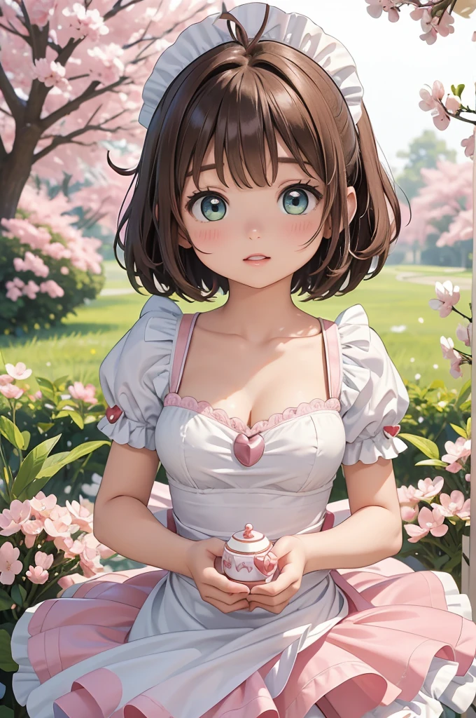 masterpiece, best quality, highres, perfect pixel, depth of field, 1girl, single, solo, beautiful anime girl, beautiful artstyle, (beautiful eyes), (detailed face), (blush), anime CG style, (medium breasts), good lighting, perfect body, lips parted, (sakura kinomoto:1.3), glossy lips, (maid), cleavage,  bright eyes,  (short hair:1.3)、Tea party、			
kinomoto sakura, cardcaptor sakura, loli, , green eyes, antenna hair, light brown hair, hair intakes, bangs,