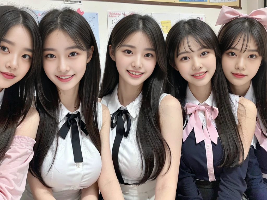 (Super cute Korean high school girl takes a photo with other girls in her class 1.2)(grin,Smile)(Beautiful Sweat:1.1)(16k, RAW Photos, Highest quality, masterpiece: 1.2),(Shiny black hair) Super detailed, Super Resolution, (Genuine, Genuine photos: 1.37), Portraiture, High-resolution RAW color photos, Professional photos, Very detailed, 8k wallpaper, Very detailed CG Unity 8k wallpaper, Very detailed beautiful girls, Very detailed faces, ((whole body)), beautiful woman, Huge breasts,(huge boobs:1.1) (Big Boobs:1.1), Beauty college student (A tight, girly, pale pink sleeveless top with a ribbon.),high School girl, Korean Girls,(K-POP Female Idols), (Idol-class beauty)(Beautiful high school girl:1.1)(School)(18-year-old)(Stylish school uniform-style outfit:1.1)(Group photo of the class:1.3)