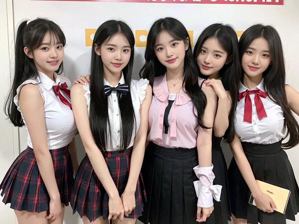(Super cute Korean high school girl takes a photo with other girls in her class 1.2)(grin,Smile)(Beautiful Sweat:1.1)(16k, RAW Photos, Highest quality, masterpiece: 1.2),(Shiny black hair) Super detailed, Super Resolution, (Genuine, Genuine photos: 1.37), Portraiture, High-resolution RAW color photos, Professional photos, Very detailed, 8k wallpaper, Very detailed CG Unity 8k wallpaper, Very detailed beautiful girls, Very detailed faces, ((whole body)), beautiful woman, Huge breasts,(huge boobs:1.1) (Big Boobs:1.1), Beauty college student (A tight, girly, pale pink sleeveless top with a ribbon.),high School girl, Korean Girls,(K-POP Female Idols), (Idol-class beauty)(Beautiful high school girl:1.1)(School)(18-year-old)(Stylish school uniform-style outfit:1.1)(Group photo of the class:1.3)
