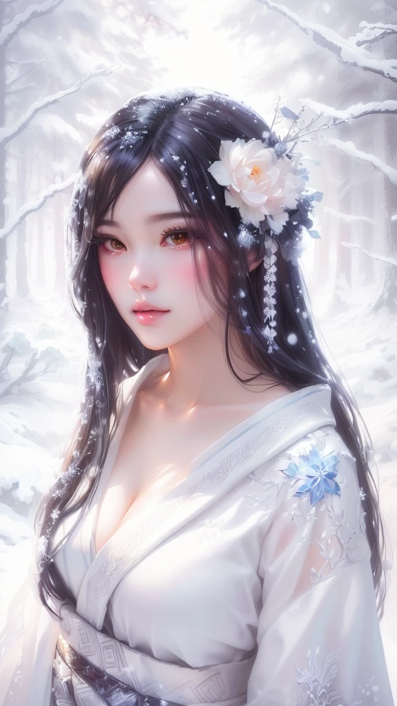Anime girl with long hair and white dress in a snowy forest, Beautiful digital artwork, The sharp gaze of the Yuki-onna, Pure white skin, Beautiful fantasy art portrait, Winter Goddess, Beautiful digital art, beautiful Amazing digital art, very Beautiful digital art, Beautiful fantasy art, ((Beautiful Fantasy Empress)), Jinnah Chan, Amazing digital art