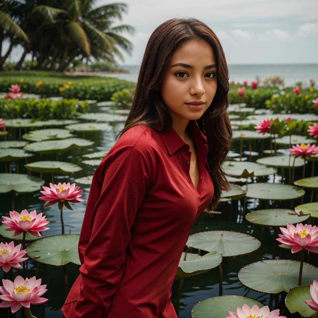 Samia, girl, solo, shirt, looking at you, face, perfect, flowers, high quality, radiant, knight, godly, red shirt, red velvet, water, ocean, lotus