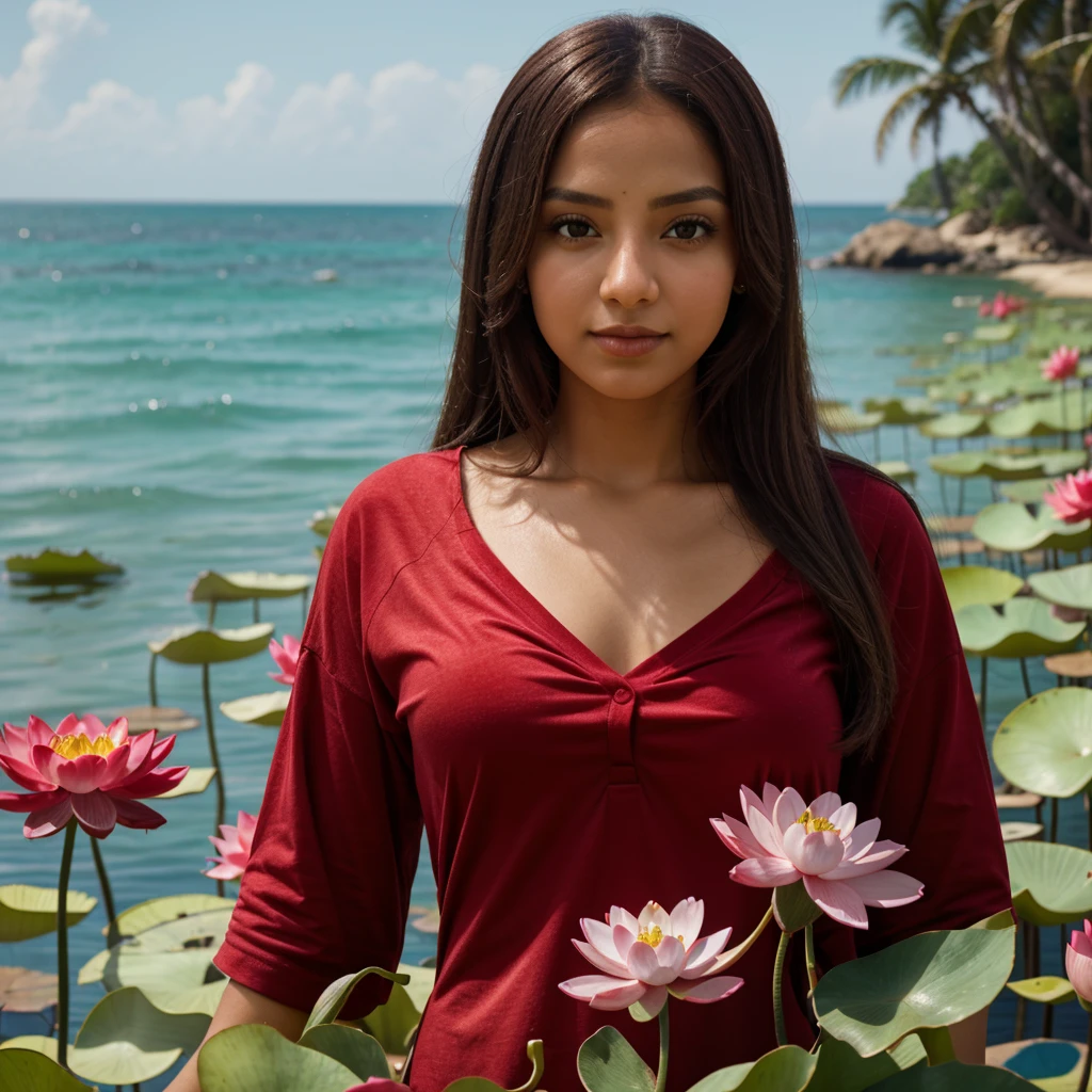Samia, girl, solo, shirt, looking at you, face, perfect, flowers, high quality, radiant, knight, godly, red shirt, red velvet, water, ocean, lotus