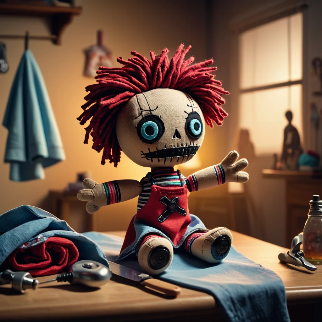 (knitted toy voodoo doll:1.2), Voodoo doll ironing clothes, Clothes Casual clothes or apron, against the backdrop of a Room with an ironing board, iron and neatly folded piles of clothes, best quality, masterpiece, detailed soft oil painting, detailed background, dramatic cinematic lighting, soft edge lighting, professional, dramatic lighting, hard edge lighting, ultra quality, 4k,masterpiece, best quality, 8k, ultra highres, highres, extremely detailed