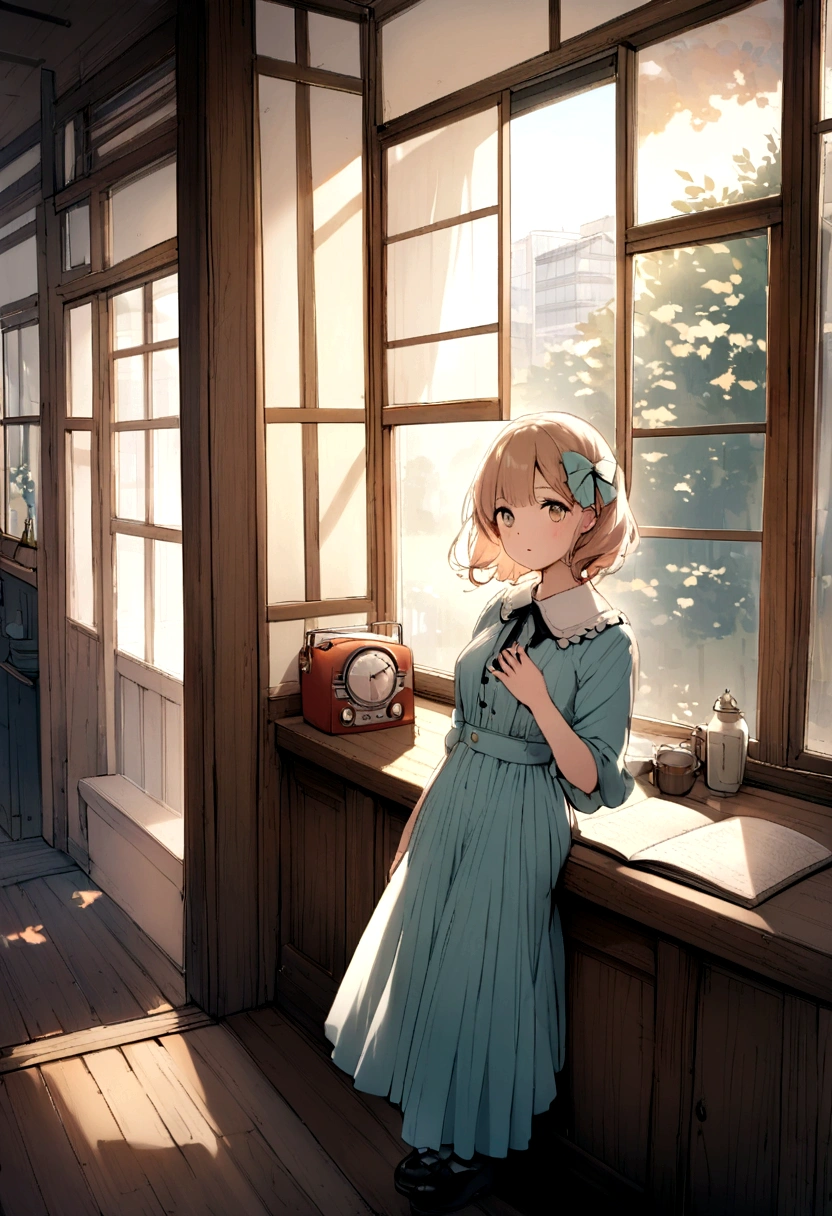Date: 1940
Location: Tokyo, Japan
Description: A pastel-hued vintage radio is perched on a windowsill, its dials illuminated by the streaming sunlight, filling the room with melodies of the era on table beside the bed