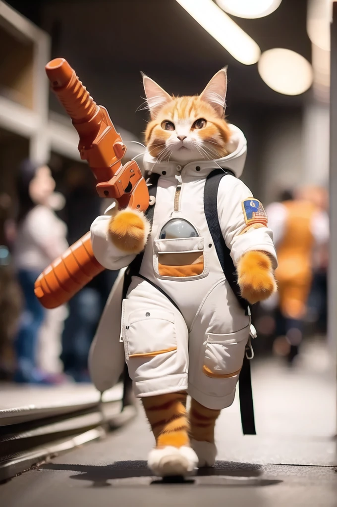 A 21 year old、Strong build、clothed in space suit、Full breasts、Strong female orange cat holding a giant futuristic rifle,Walking on the street