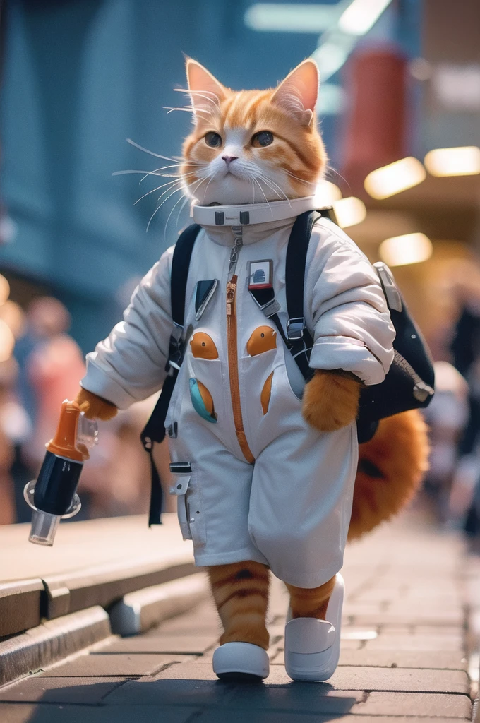 A 21 year old、Strong build、clothed in space suit、Full breasts、Strong female orange cat holding a giant futuristic rifle，Walking on the street
