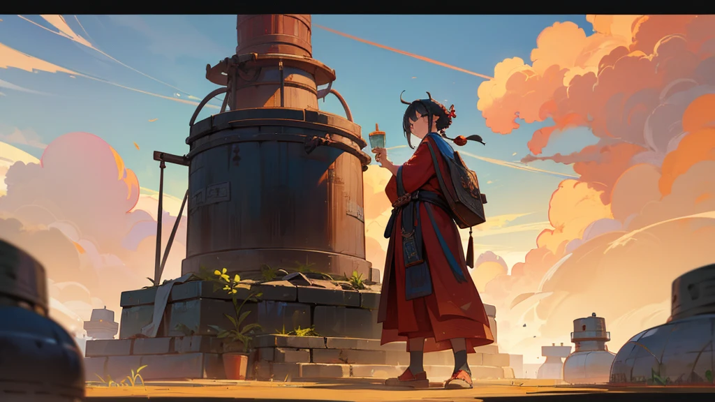 An ancient Chinese immortal is holding a pill and standing beside a furnace on the clouds, refining elixirs.