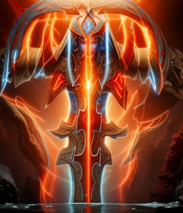 A holy long sword, blue orange and red, holy luminesvebt glyphs, in bottom of ocean, fire aura, beautiful decourations, insane details, 8k, uhd, photorealistic,Raw photo,high quality,16k resolution,vivid colors, with luminescent effects
