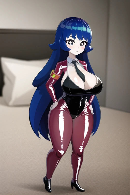 (best quality:1.1),(masterpiece:1.4),(absurdres:1.0), 1girl, blue hair, long hair, black eyes, unusual pupils, black latex bodysuit, nonvisible cleavage, necktie, full body view, big breasts, huge ass, facility, pure white skin, :< face, bright eyes, (chibi:1.3), hands on hips